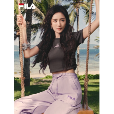 FILA 斐樂官方女裝楊冪同款短袖2024夏新款休閑簡(jiǎn)約修身小花刺繡T恤 倉(cāng)頡灰-DY 165/84A/M